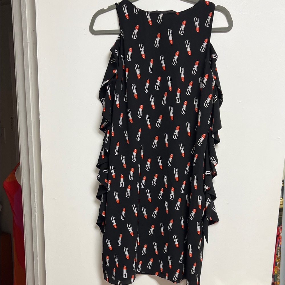 Chloe Dao Black Lipstick Print Ruffle Sides Mini Sheath Dress S/M - Picture 6 of 6